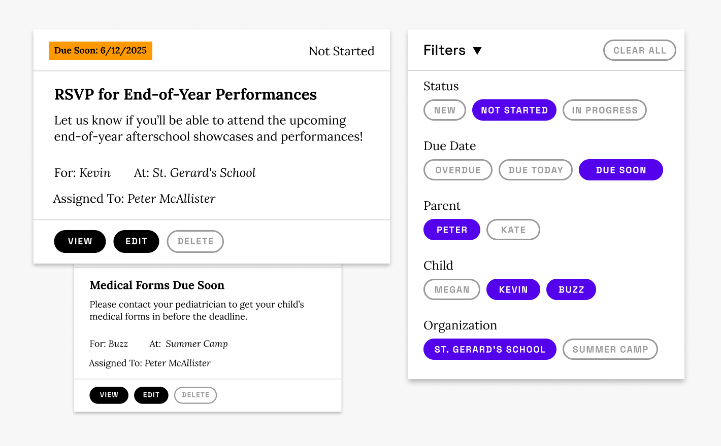 Example of user tasks and filters