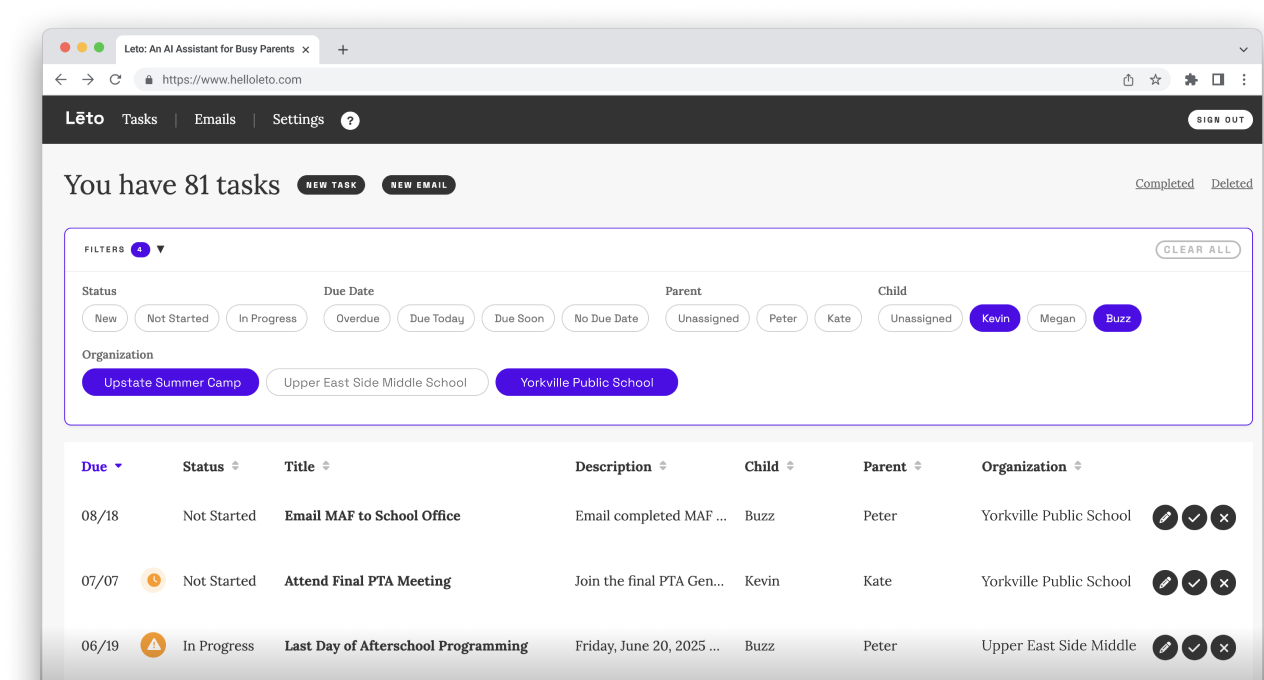 Leto turning school emails into calendar tasks and events