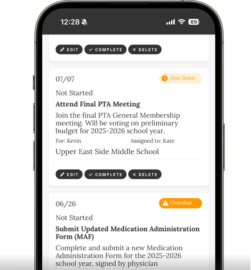Leto app showing tasks extracted from school emails