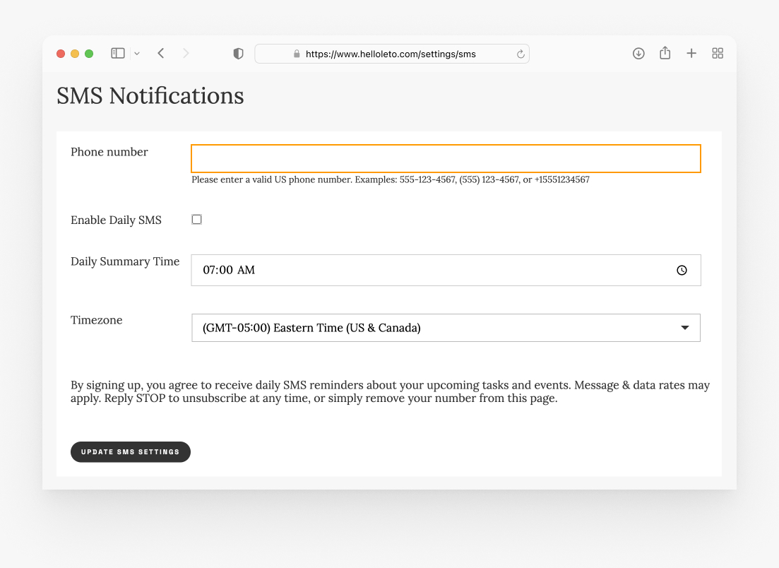 SMS Settings Screenshot