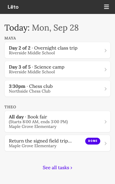 Leto's Today page on a phone, showing one section per child with today's tasks and events.